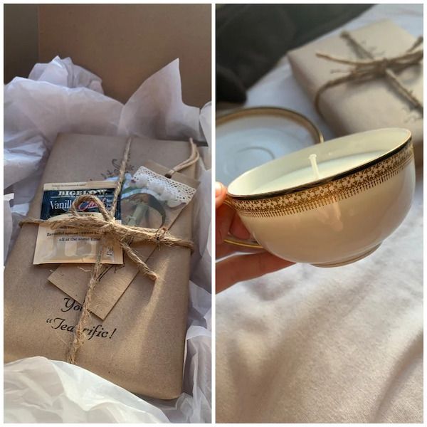 two side by side photos, one of a brown tea box and one of the candle that goes with it