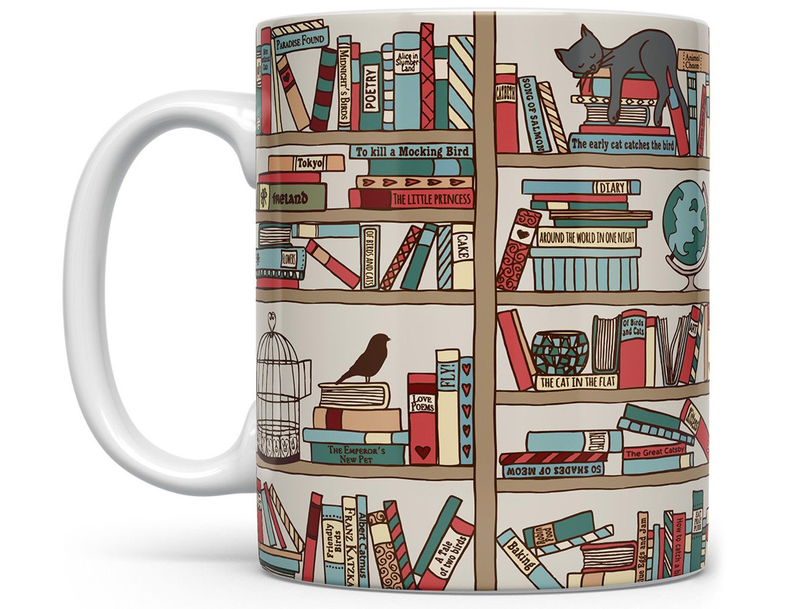 Image of a mug with brown bookcases, fearing a host of colorful books, a bird, a cat, a globe, and other shelf accessories. 