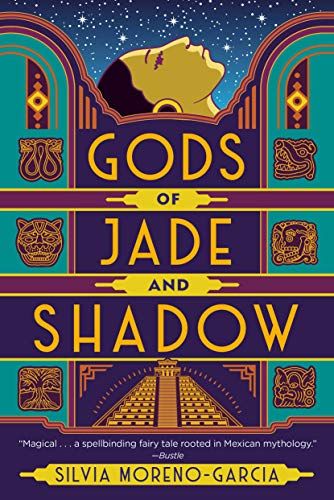 cover of Gods of Jade and Shadow by Silvia Moreno-Garcia; illustrations in teals and purple of Mayan artifacts