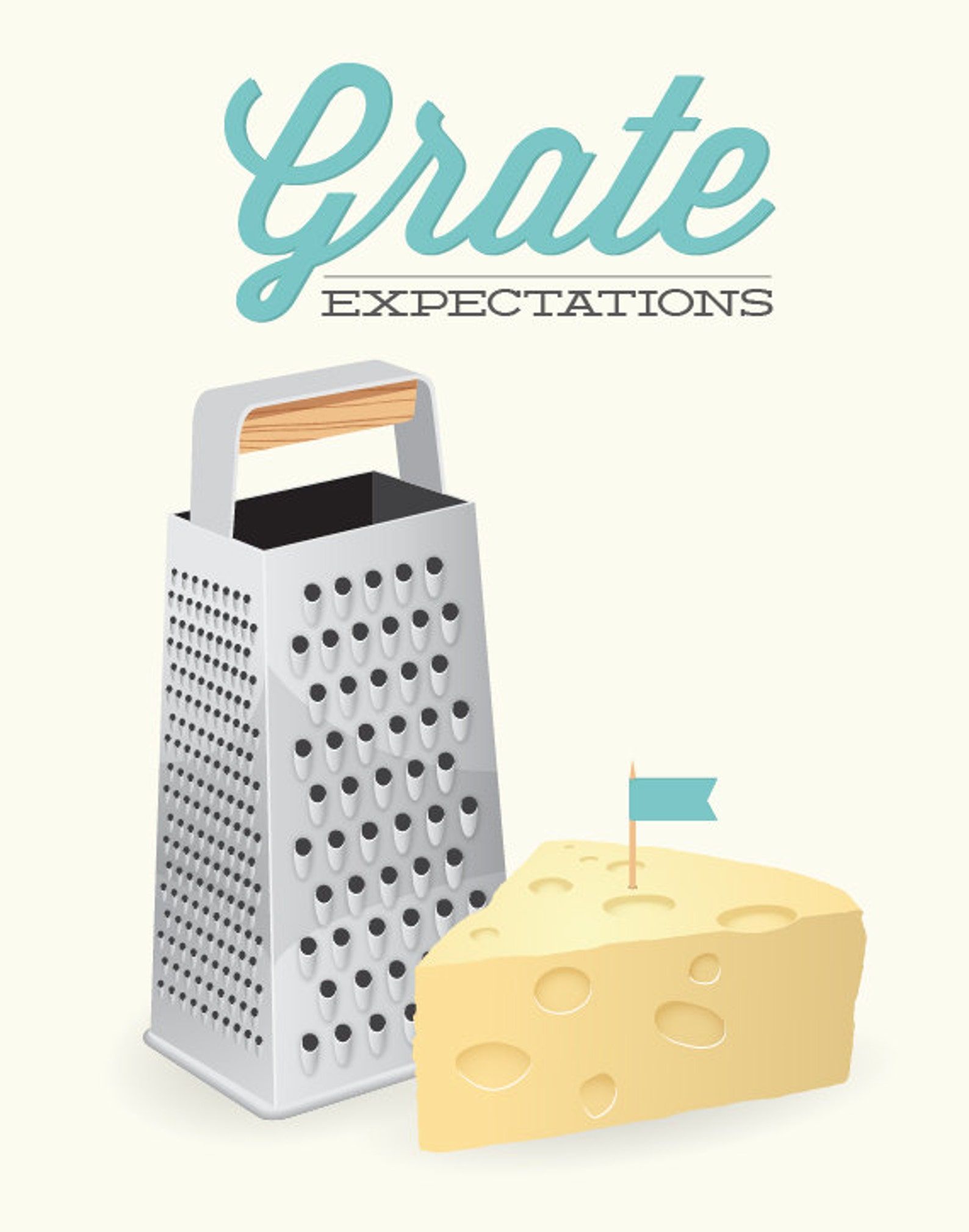 Une illustration graphique destinée à être encadrée et accrochée au mur. "Attentes de la grille" est en haut, avec une râpe à fromage et un morceau de fromage en bas.