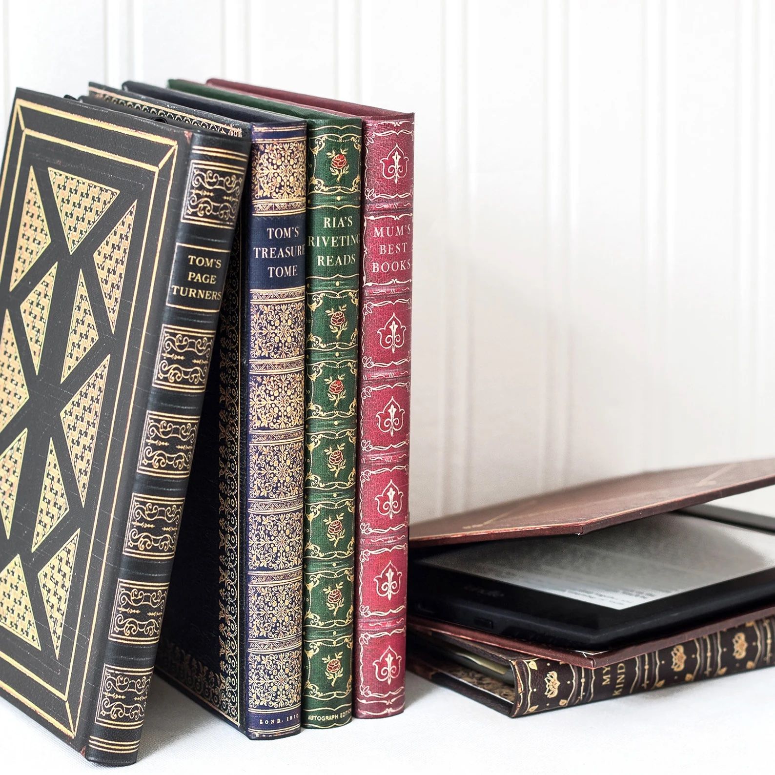 Kindle cases fashioned like real books on shelf