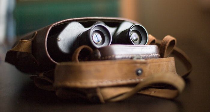 Image of binoculars in a bag with a notebook