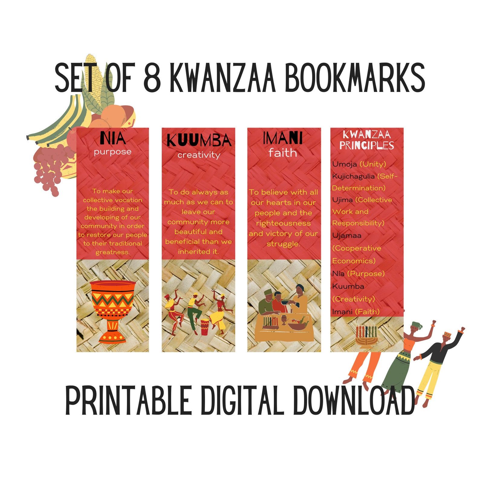 Ensemble imprimable de quatre signets.  Les trois premiers comprennent des descriptions des principes de Kwanzaa en texte jaune sur fond rouge.  Le signet final présente tous les principes en texte noir et jaune sur fond rouge. 