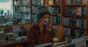 woman wearing a face mask in a bookstore