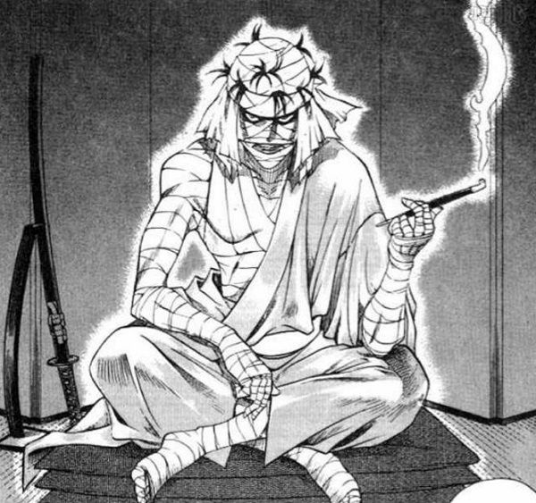 A cell from the Rurouni Kenshin manga showing Shishio smoking a pipe.