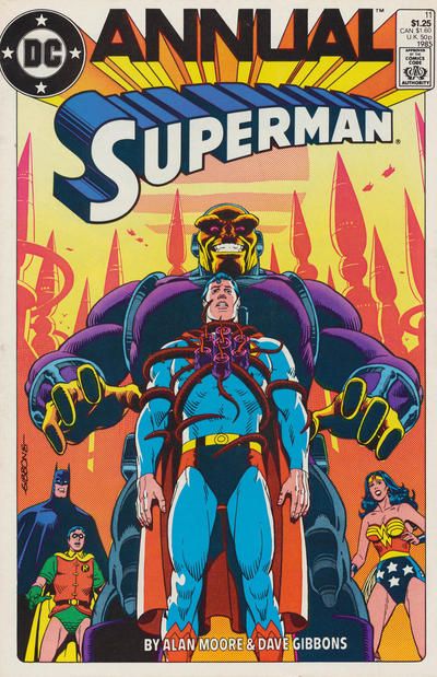 The cover of Superman Annual #11. Superman stands transfixed with a strange, tentacled plant growing into his chest. Mongul looms menacingly behind him while Batman, Robin, and Wonder Woman look on in horror.