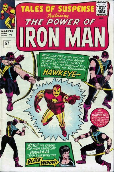 The cover of Tales of Suspense #57. The logo reads "Tales of Suspense featuring The Power of Iron Man."
Iron Man is in the center, with four drawings of Hawkeye menacing him, one from each corner. Above him is a caption reading "How can one man with a strange bow and arrow harm Ol' Shell-Head? Don't try to answer till you've seen the sensational Hawkeye."
At the bottom, another caption box reads: "Watch the sparks fly when handsome Hawkeye teams up with the Black Widow!" There is a picture of Black Widow, with black hair and wearing luxurious evening clothes.