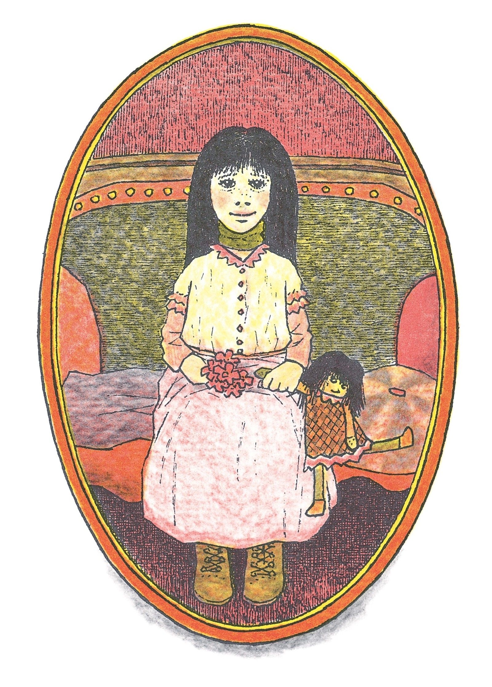 image from the story "the green ribbon" by Alvin Schwartz. It features a girl with white skin and dark hair in a long dress, along with a green ribbon around her neck. 