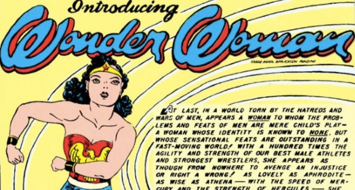 a page showing Wonder Woman running and the text Introducing Wonder Woman