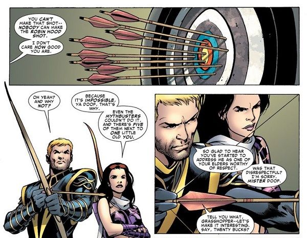 Kate Bishop et Clint Barton avec Robin Hood tournés dans 'Young Avengers Presents #6' de Matt Fraction et Alan Davis