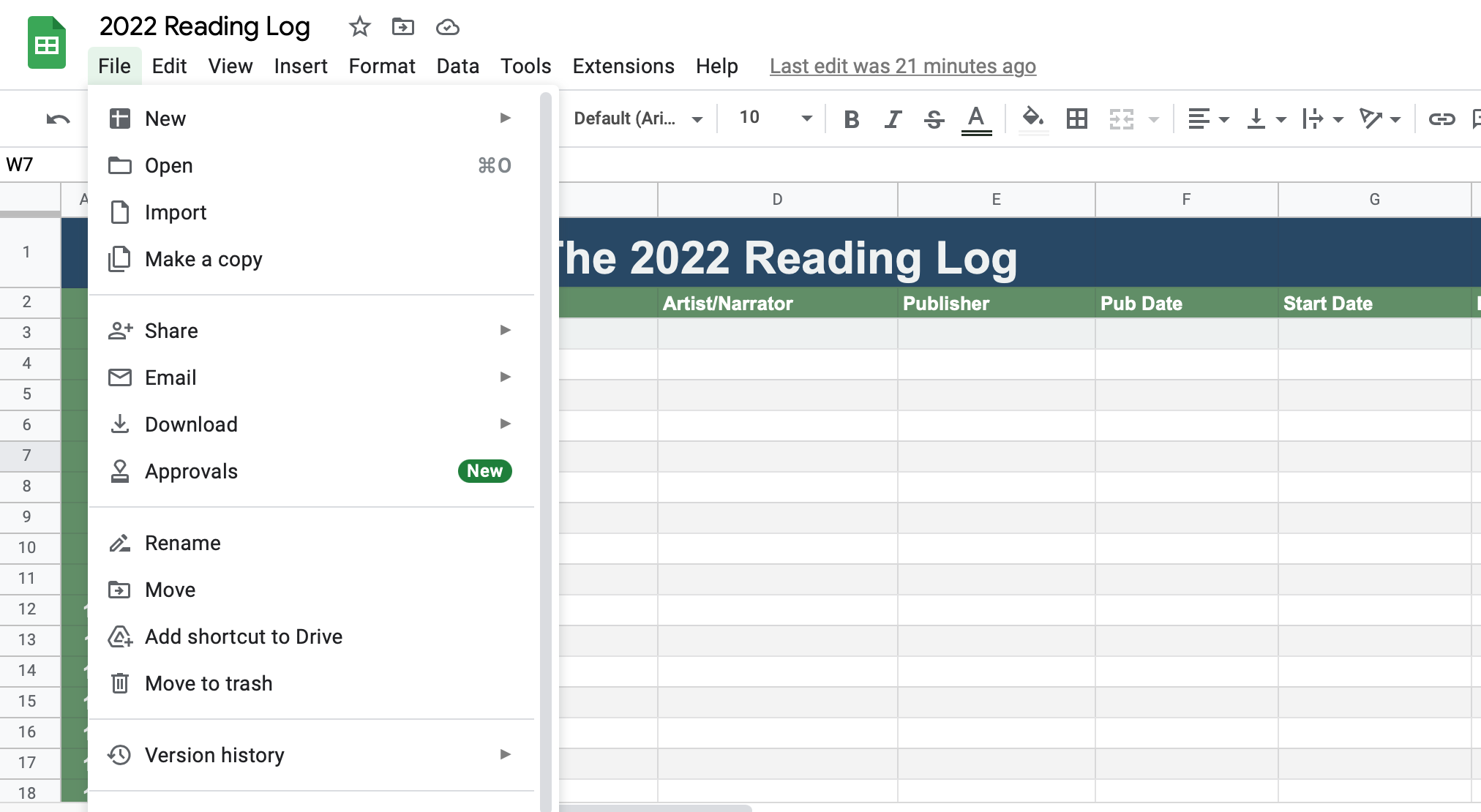 screenshot of the 2022 reading log