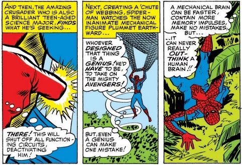 From Avengers #11. Spider-Man, floating in the air thanks to a parachute of webbing, deactivates his robot lookalike. The robot spirals down into a jungle.