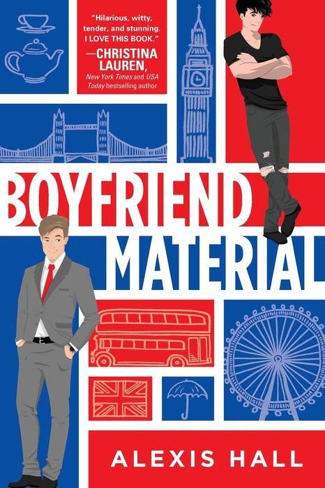 cover of Boyfriend Material by Alexis Hall: several blue and red blocks containing white drawings of London landmarks. In the upper right corner is an illustration of casually dressed man, in the bottom left an illustration of a man dressed in a suit