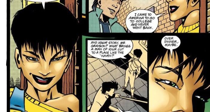 From Nightwing #7. Bridget Clancy and Dick Grayson chat. She explains how she came to America and suggests they meet for dinner sometime.