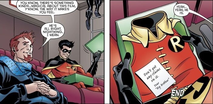From DCU Holiday Special #1. Robin and Captain Boomerang are in a theater watching It's a Wonderful Life. Robin opens a Christmas present to find Nightwing's old Robin costume.
