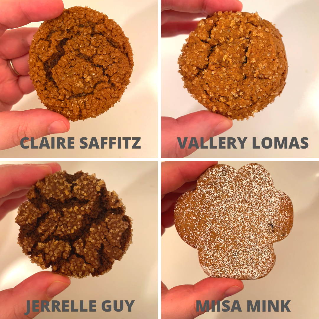 Four gingerbread cookies edited together for comparison: large, thin cookies from Claire Saffitz, smaller cakelike cookie from Vallery Lomas, dark crackly cookie from Jerrelle Guy, and paw-shaped powdered sugar covered cookie from Miisa Mink