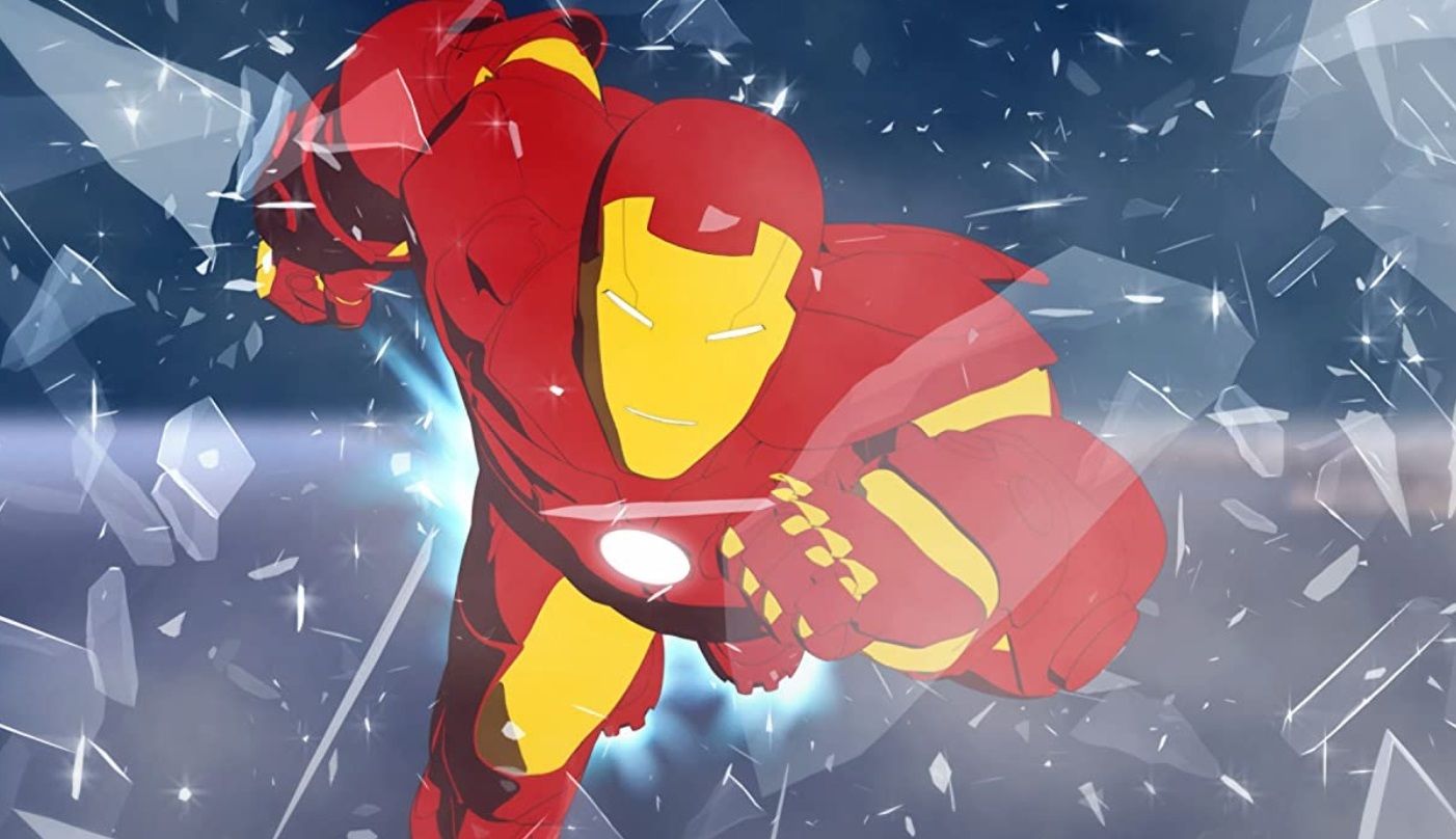 An image of Iron Man flying toward the viewer while blasting through a window, sending shards everywhere