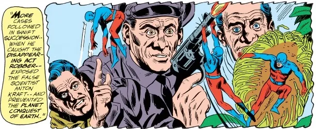 From Justice League of America #14. A montage featuring the atom defeating a variety of generic villains.