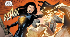 From Countdown #36. Mary Marvel, dressed in black, angrily blasts a table full of books and yells that she is not a child.