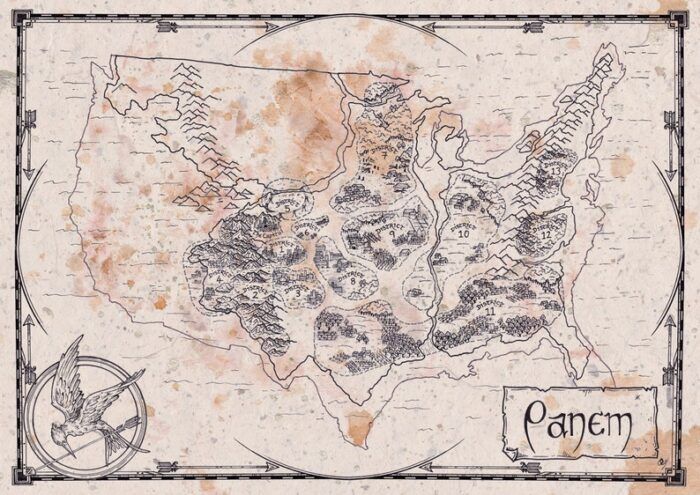 A fan created map of Panem, showing the 13 districts, with much of the western United States uninhabited. The mockingjay symbol sits in the lower left corner. The map has been made to look aged, yellowed and stained.