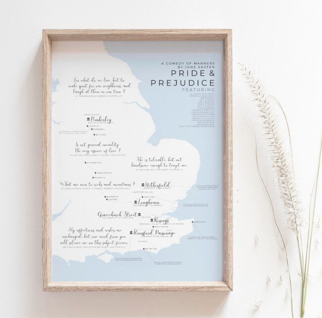 A map showing much of England, outlining the locations of fictionalised houses and towns from Pride and Prejudice, including Pemberley, Netherfields and Rosings. England is depicted as white against a light blue ocean, while the locations are marked in fine black ink.