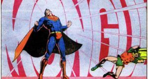 One panel from Superman Annual #11. Superman throws his head back, clenches his fists, and yells "MONGUL" so loud that Robin falls over, clutching his ears in pain. The word "MONGUL" fills the entire background of the panel in enormous red and white letters, bowing outwards with the force of Superman's volume.