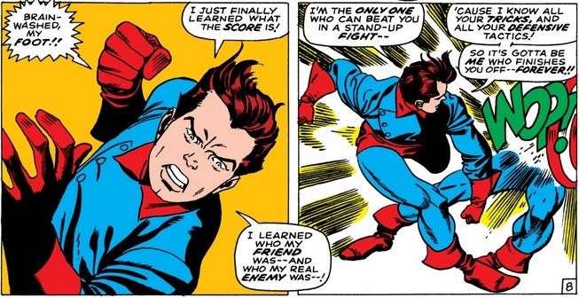 From Tales of Suspense #88. A robot made to look like Bucky Barnes angrily denounces Captain America. He then punches Cap and vows to kill him.