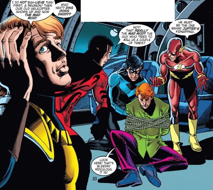 From Teen Titans #12. The former Mad Mod sits on the floor, tied up. The original Titans untie him while wondering how Mod got there.
