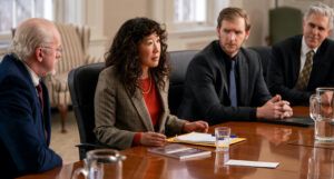 A still from the Chair, showing Sandra Oh's character at a table surrounded by white men