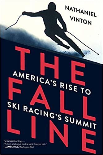 couverture de The Fall Line: America's Rise to Ski Racing's Summit par Nathaniel Vinton;  image d'un skieur en gros plan, penché d'un côté