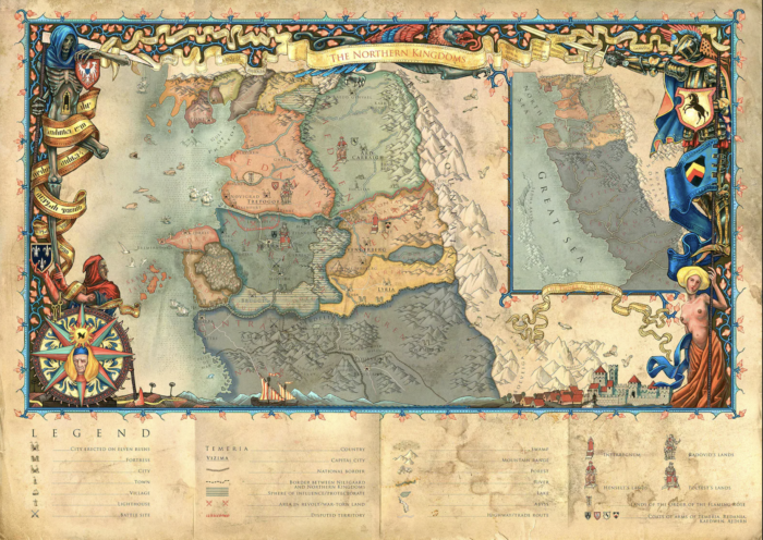 A map showing the various locations featured in The Witcher series. The map is edged with full colour lllustrations of flags and armour of various nations. A key occupies the bottom quarter. The entire map is on yellowed paper and is inlaid with intricate location and geographical detail.