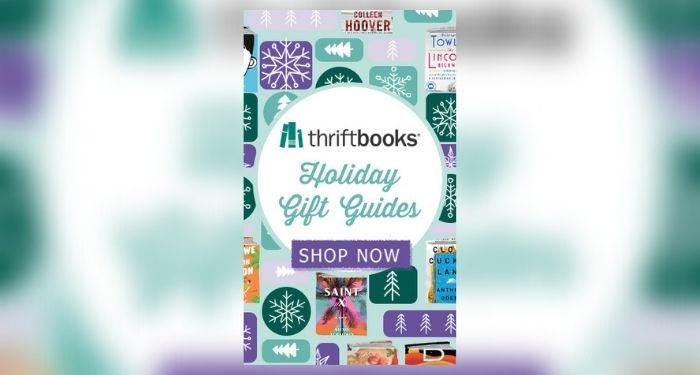 White circle with "Thriftbooks Holiday Gift Guides SHOP NOW" over a teal background with a pattern of book covers, snowflakes, and pine trees.