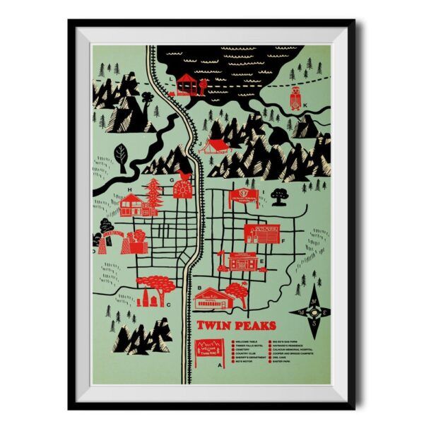 A map of Twin Peaks. Roads and water features are marked in black while the land itself is a pastel green. All buildings are marked in a vibrant red and stand out os jarring features.