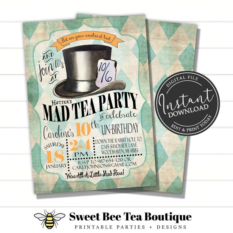 mad hatter's tea party un-birthday party invitation
