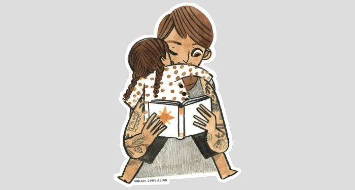 A sticker of a mom reading a book while a toddler hugs her