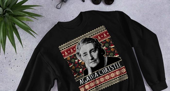 a black Agatha Christie Christmas sweatshirt