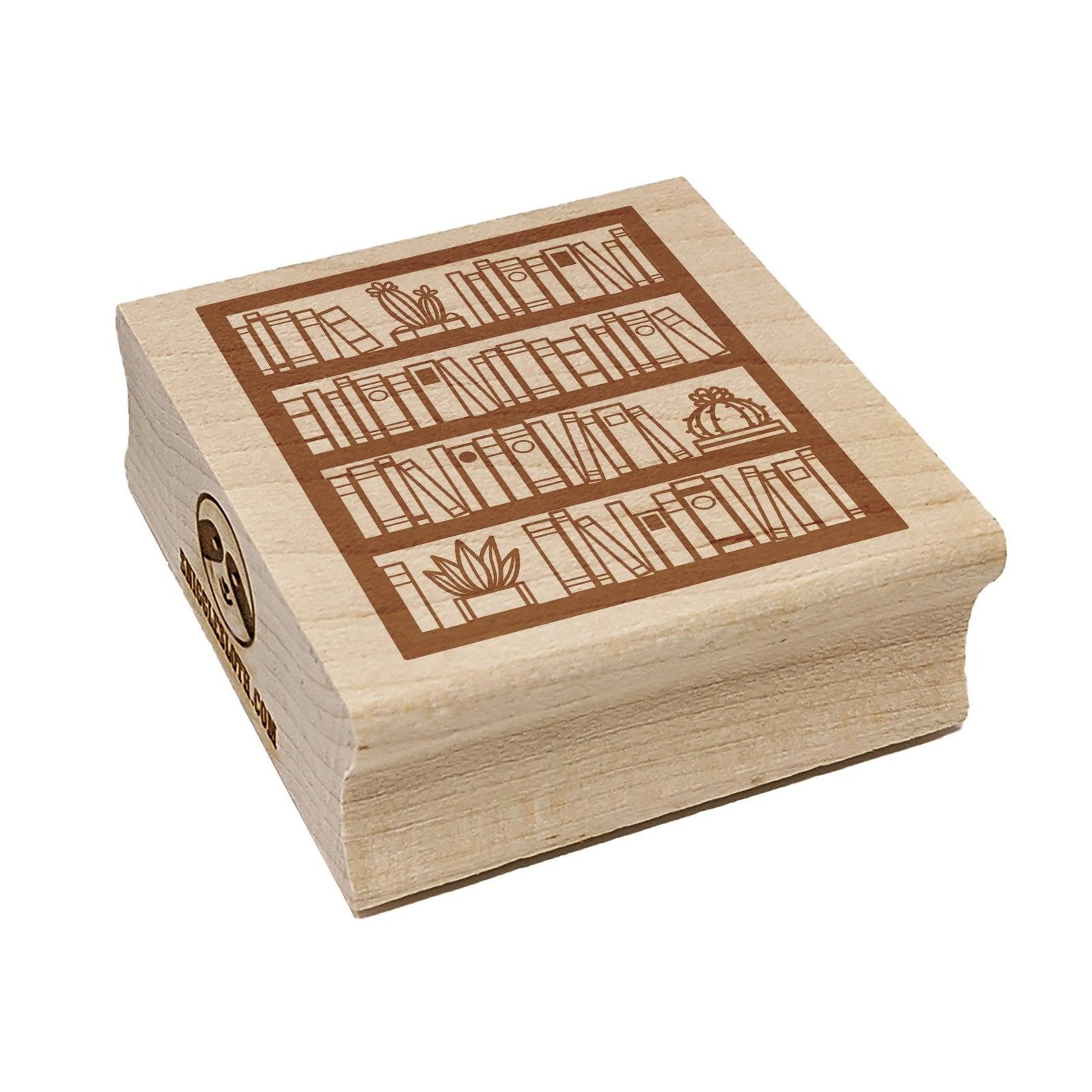 Image of a brown rubber stamp. The image of the stamp is of a bookcase full of books. 