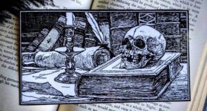 a black and white drawing of a book on a table with a skull, quill pen, manuscripts, and a candle