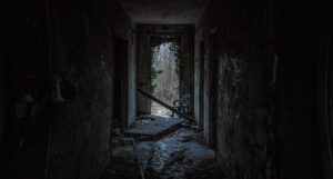 a photo of a dark room with rubble and an old chair, vines growing everywhere, and a doorway far off leading into woods