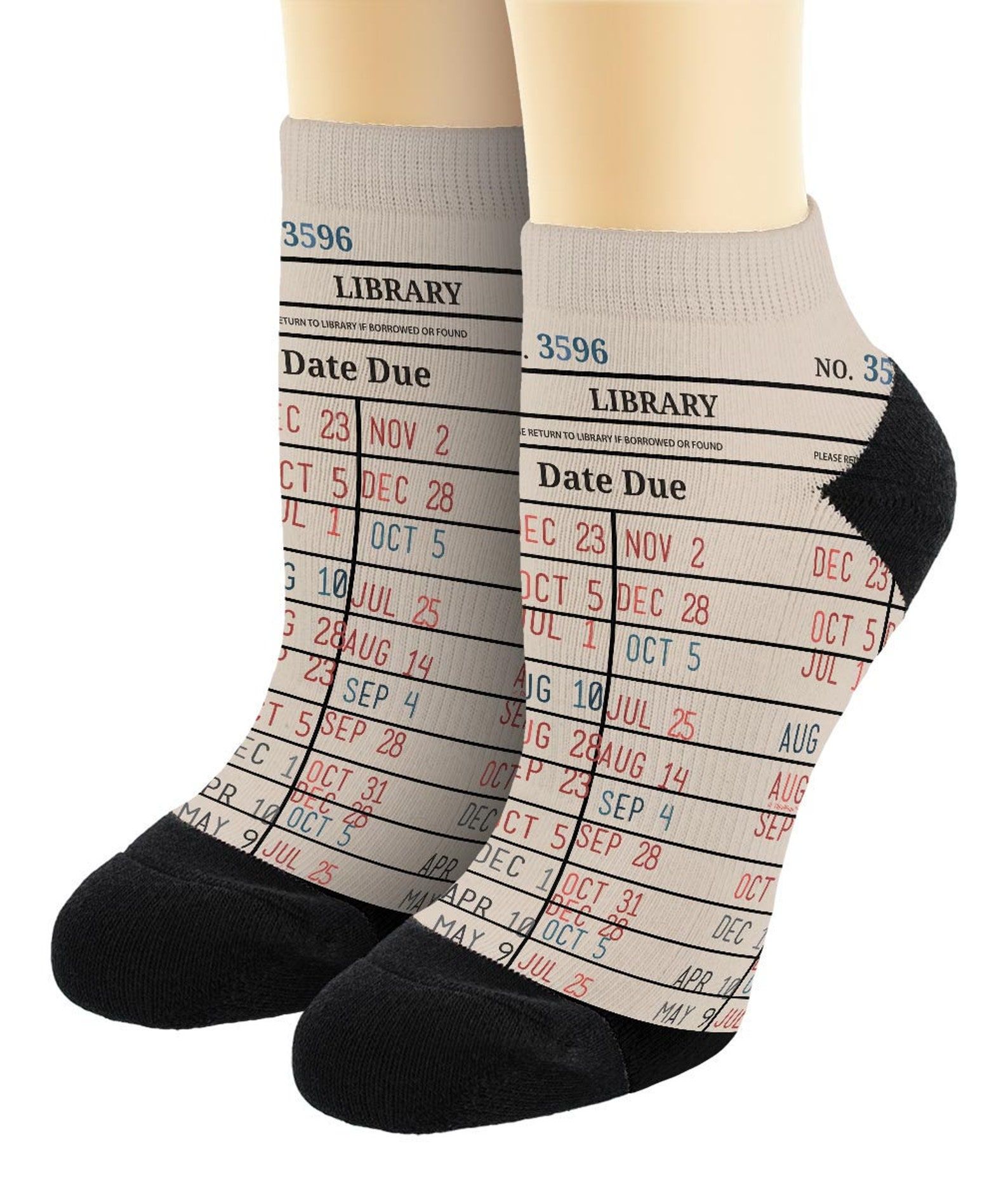 Image of a pair of library due date socks. 
