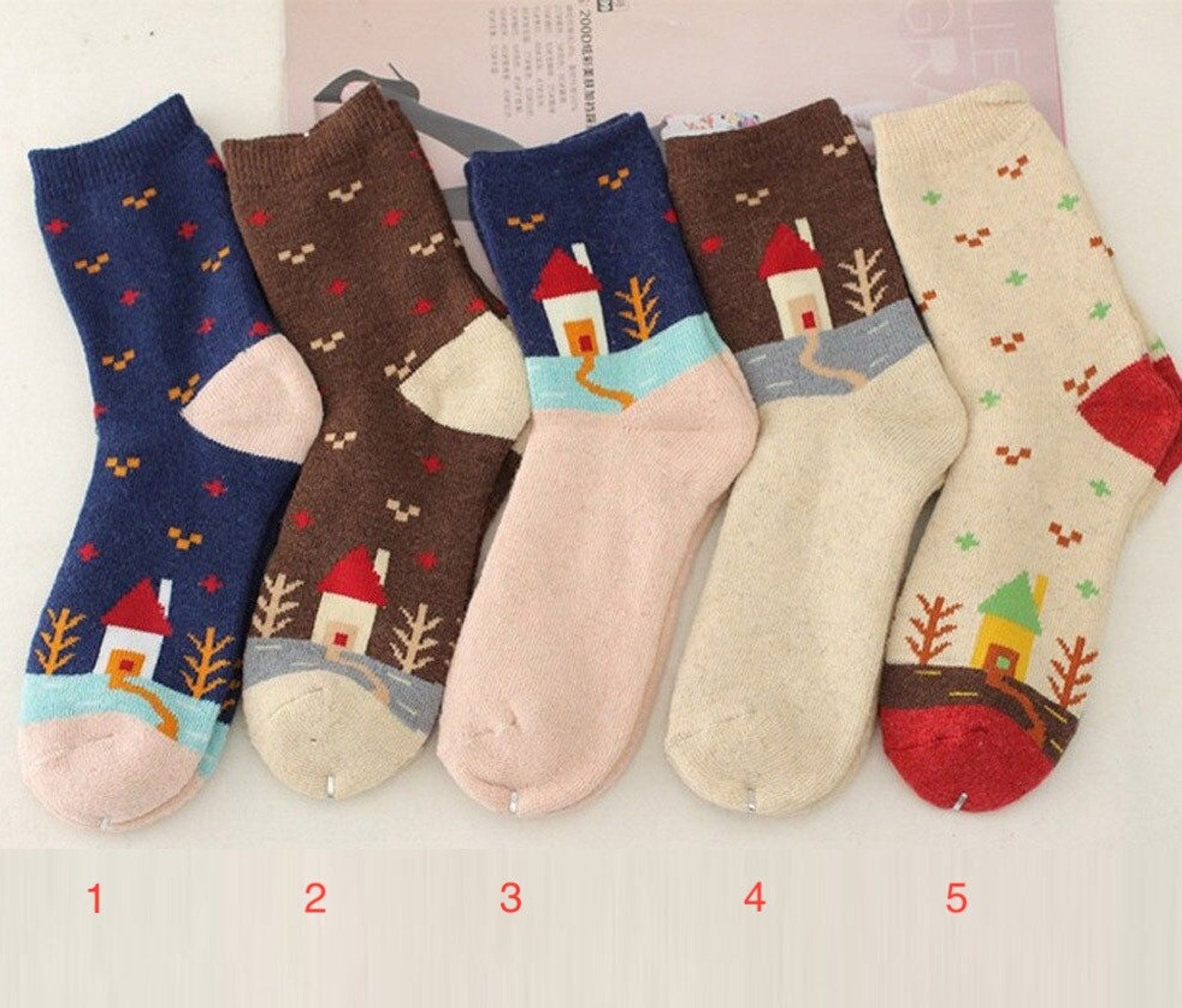 Five different pairs of socks. Each features a small home and a winter scene. 