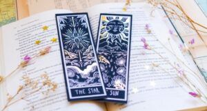 image of two gold foil tarot bookmarks