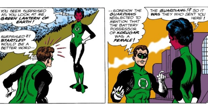 From Green Lantern #30. Hal Jordan reacts with surprise upon discovering that the Green Lantern of Korugar is a woman, Katma Tui. Katma Tui is unfazed.