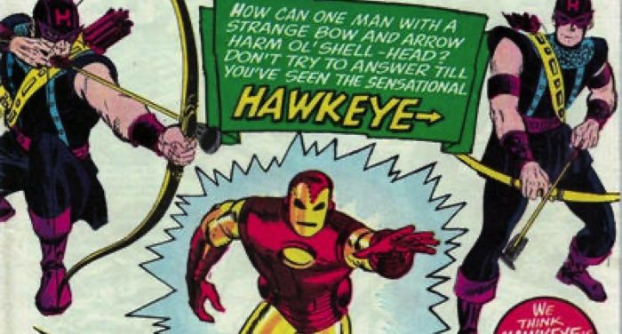 cover of Iron Man comic from the '60s featuring Hawkeye and Iron Man