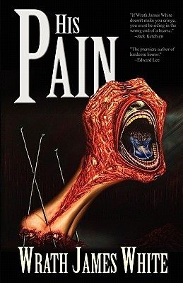 His Pain book cover, a bloody arm holding a face on a black background
