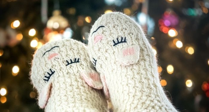 image of a pair of lamb socks in front of holiday lights