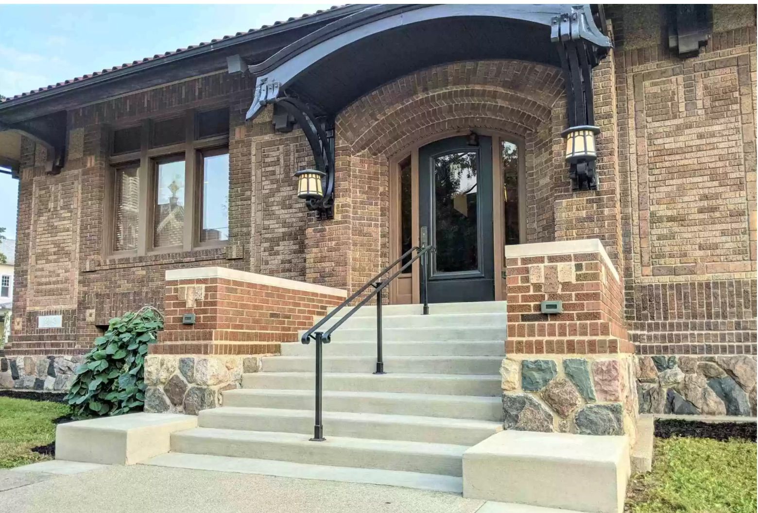 Closeup image of stairway to former Kendallville public library.