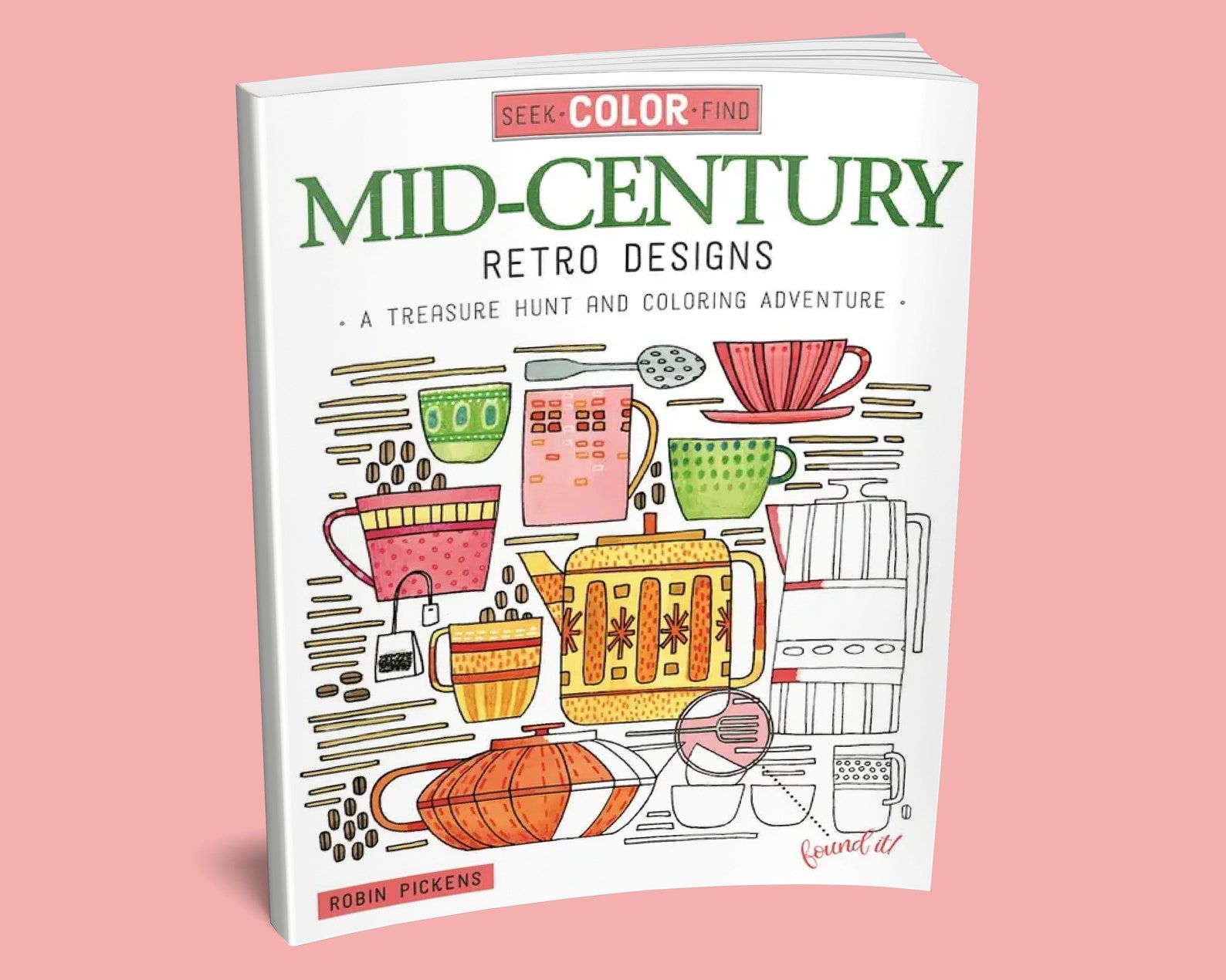 Image of a coloring book featuring midcentury kitchenware. It is on a pink background. 