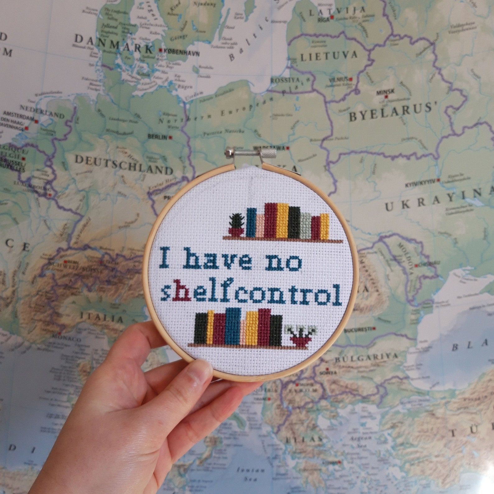 A cross stitch in a hoop that reads "I have no shelf control" and displays two shelves of books