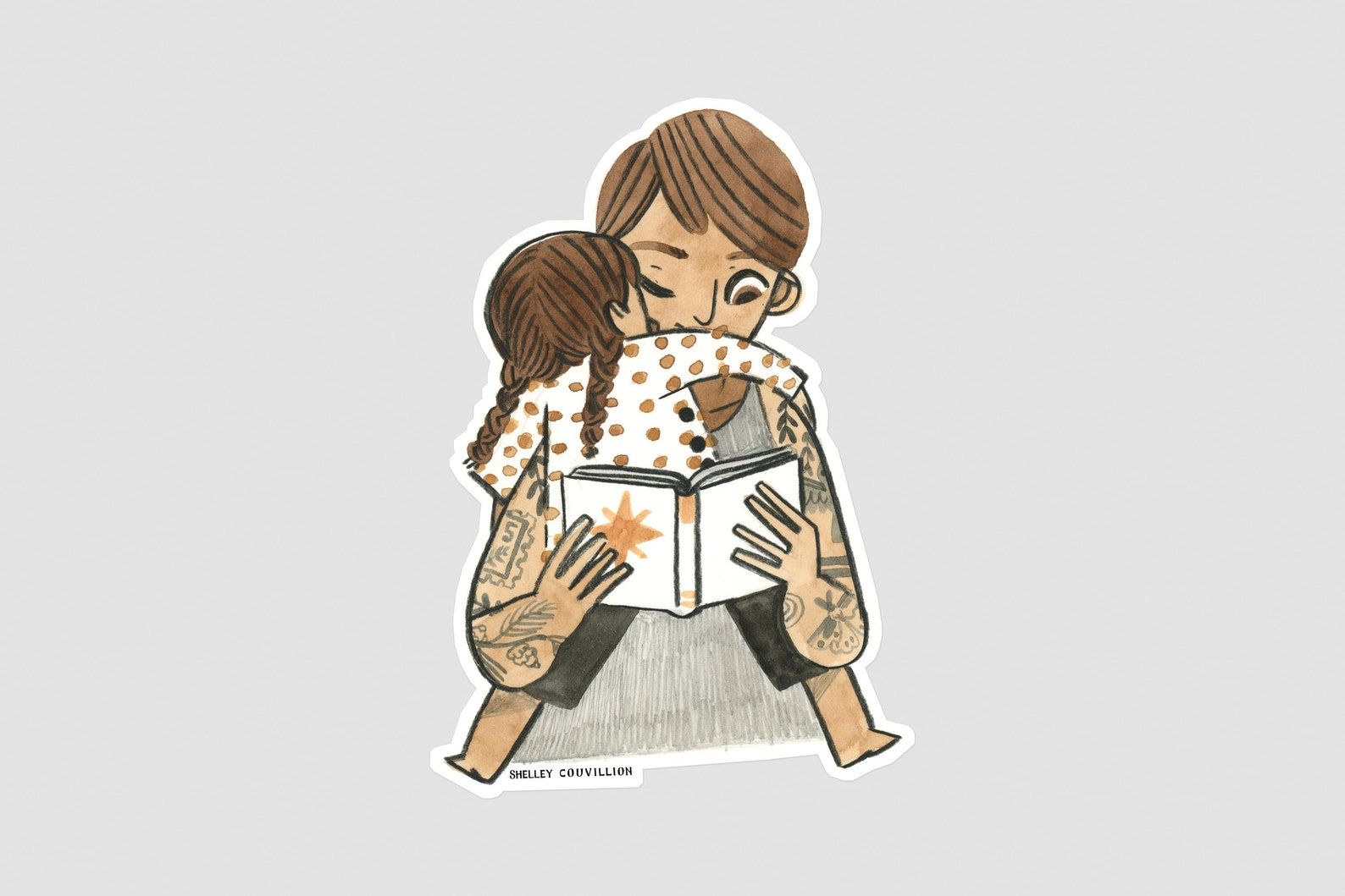 A sticker of a mom reading a book while a toddler hugs her